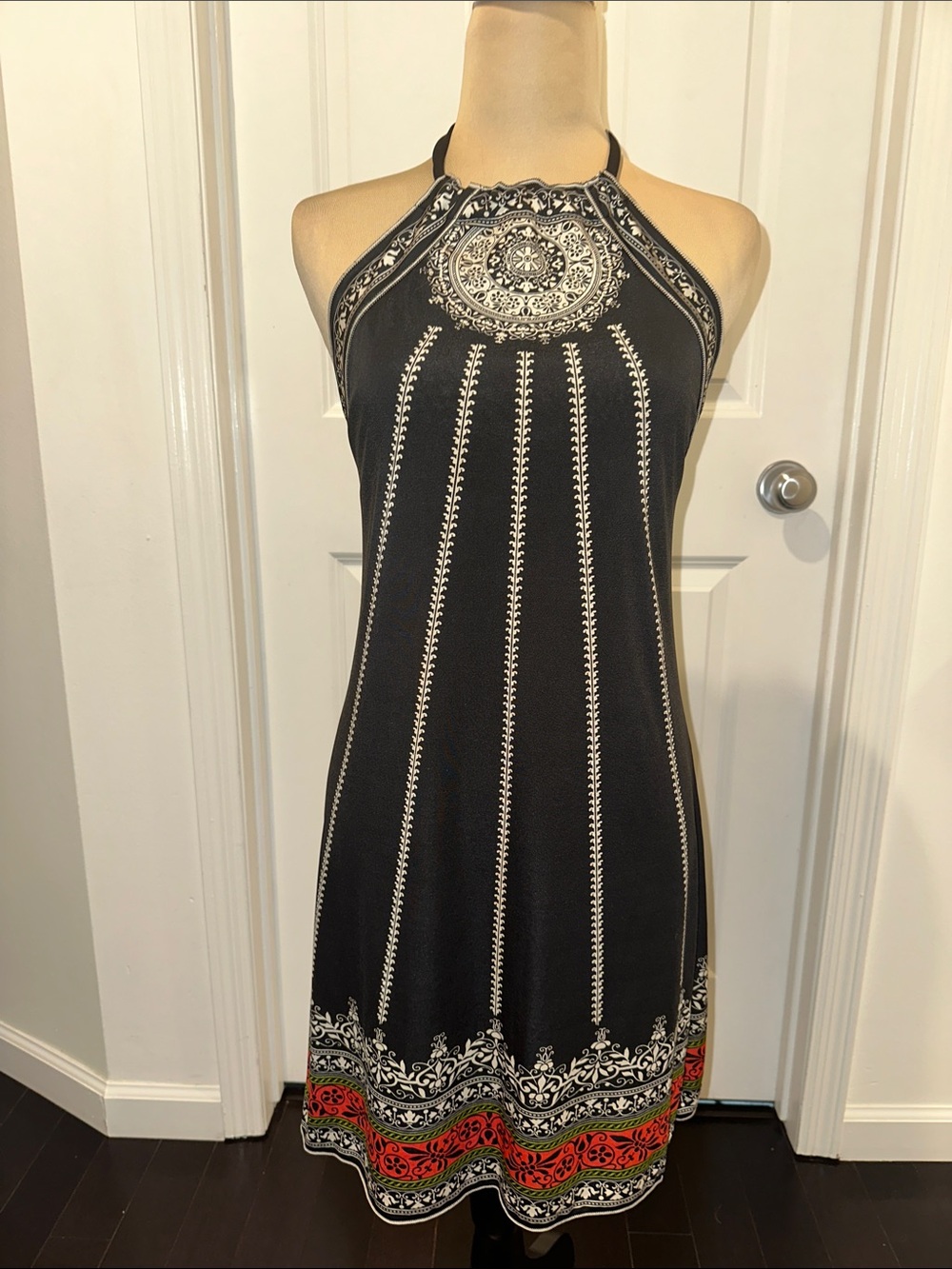 Max Studio Black Halter Mini Dress with Cream and Red Border